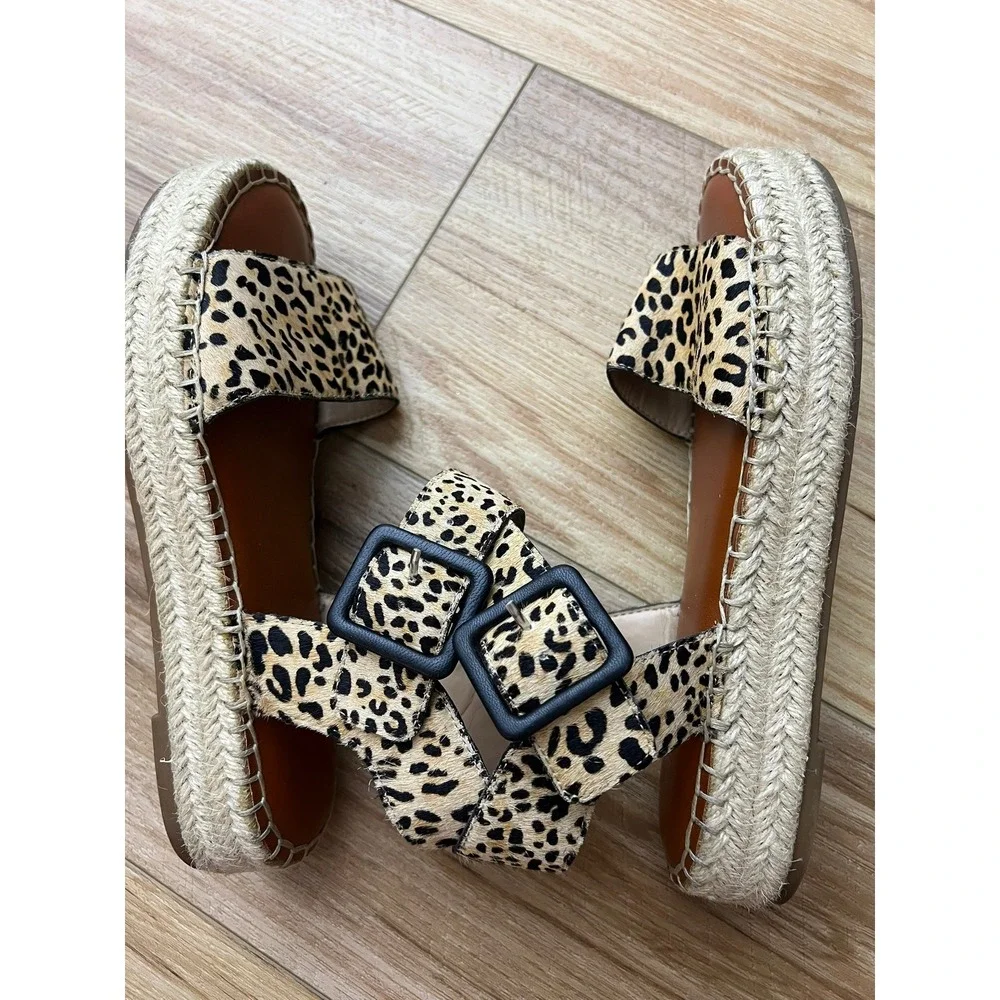 Gianni Bini Leopard Calf Hair Espadrille Platform Sandals Tan Black 7.5M‎